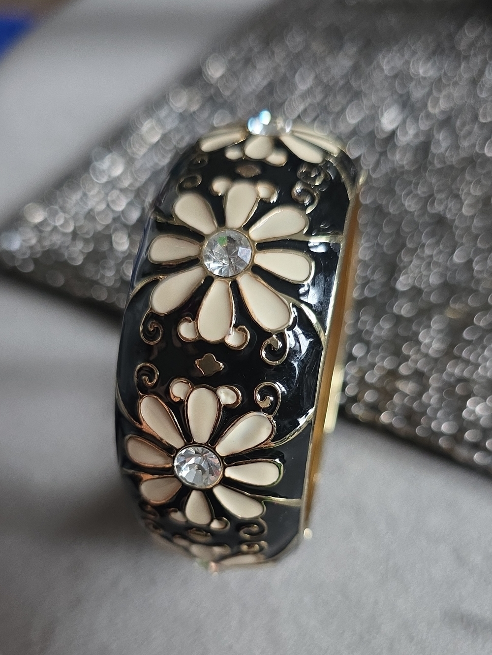 Amrita Singh Black Enamel Floral Cuff Bracelet with Cream Petals